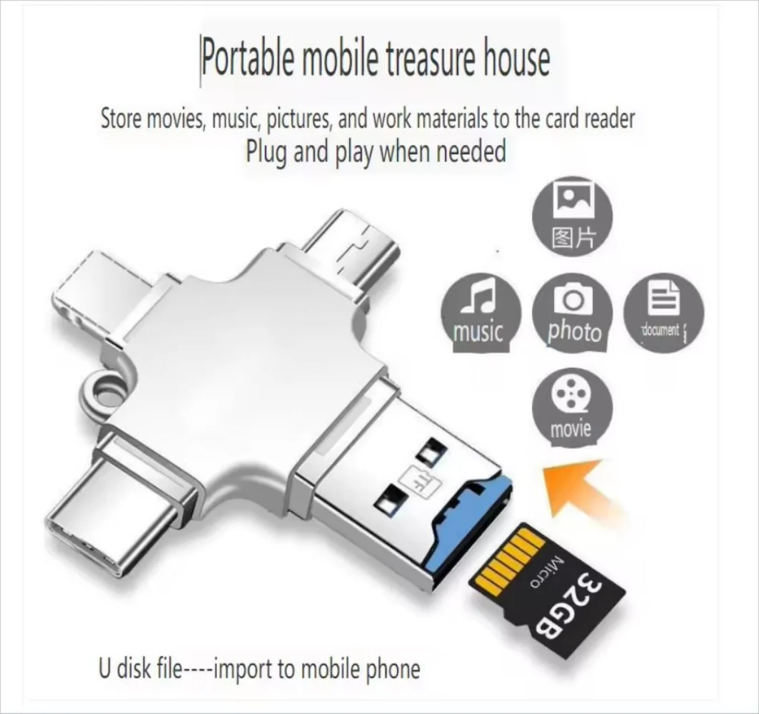 Lector de tarjetas de memoria Micro SD 4 en 1 para iPhone, iPad, Android, Mac, PC, cámara, tipo C, iluminación, USB C, lector de Android, lector portátil