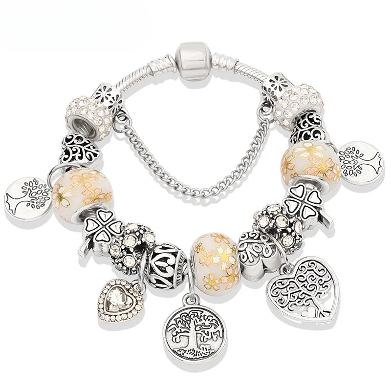 Retro Silver Tree of Life Charm Bracelet Green Crystal Flower Bead DIY Jewelry 1102936551-B946