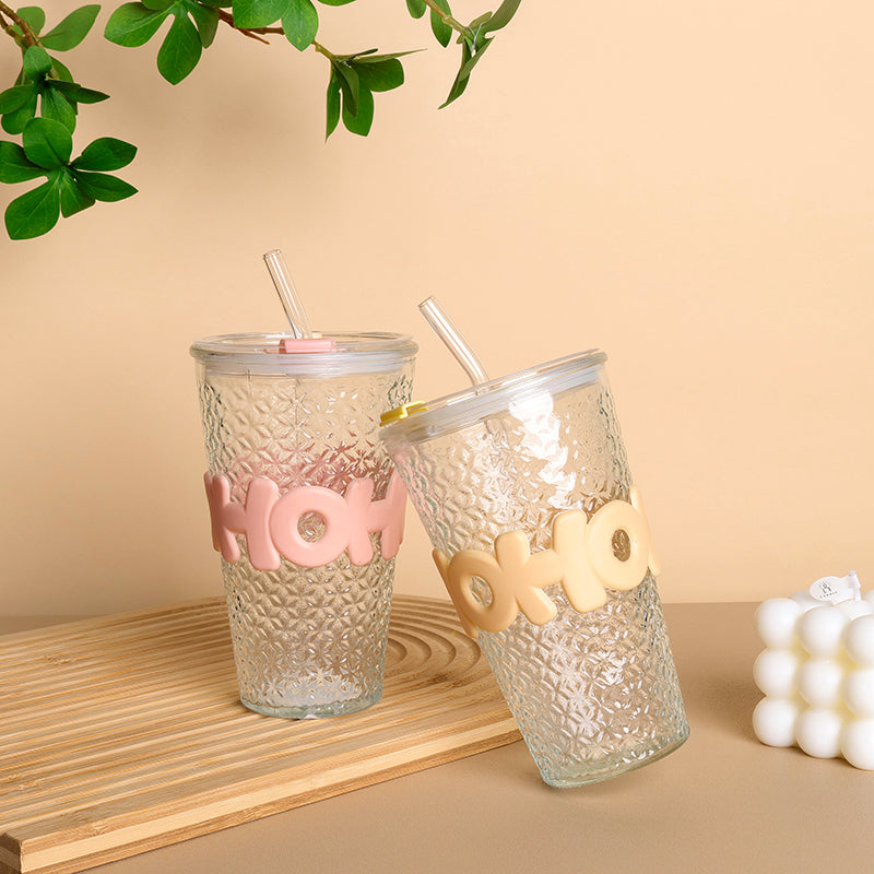 Alphabet Diamond-Cut Glass Cup with Handle Straw & Lid (480ml) M.17