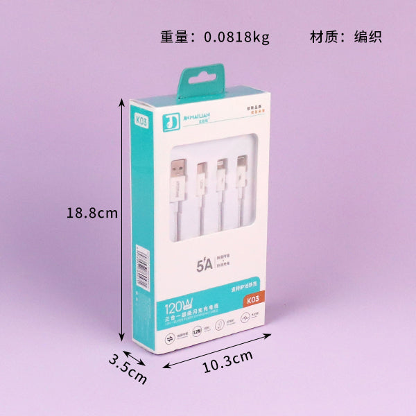 K03 Flash Charging 3-in-1 Data Cable 1.2M - Universal for iPhone/Android/Type-C A.12 JPDB