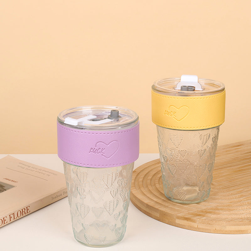 Glass Drinking Cup with Straw and Heart - shaped Leather Sleeve (500ml) M.17