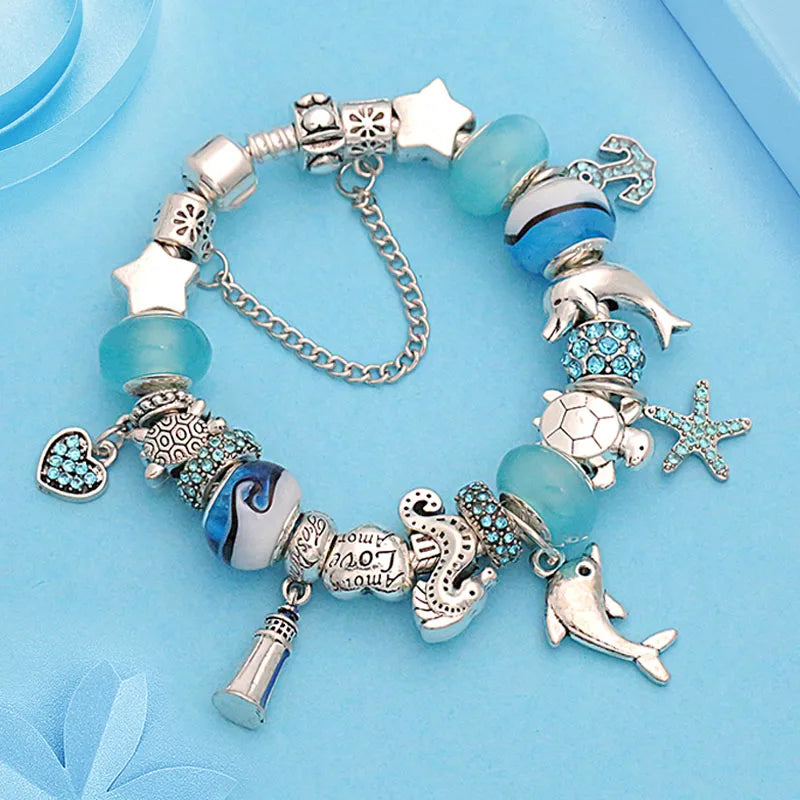 Classic Design Dolphin Charm Bracelets & Bangles for Women Jewelry Gift Blue Murano Crystal Glass Diy Bead Bracelets 1102936551-B