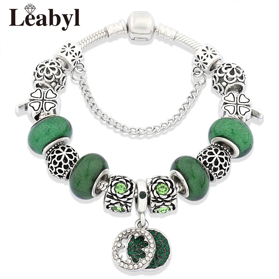 Retro Silver Tree of Life Charm Bracelet Green Crystal Flower Bead DIY Jewelry 1102936551-B