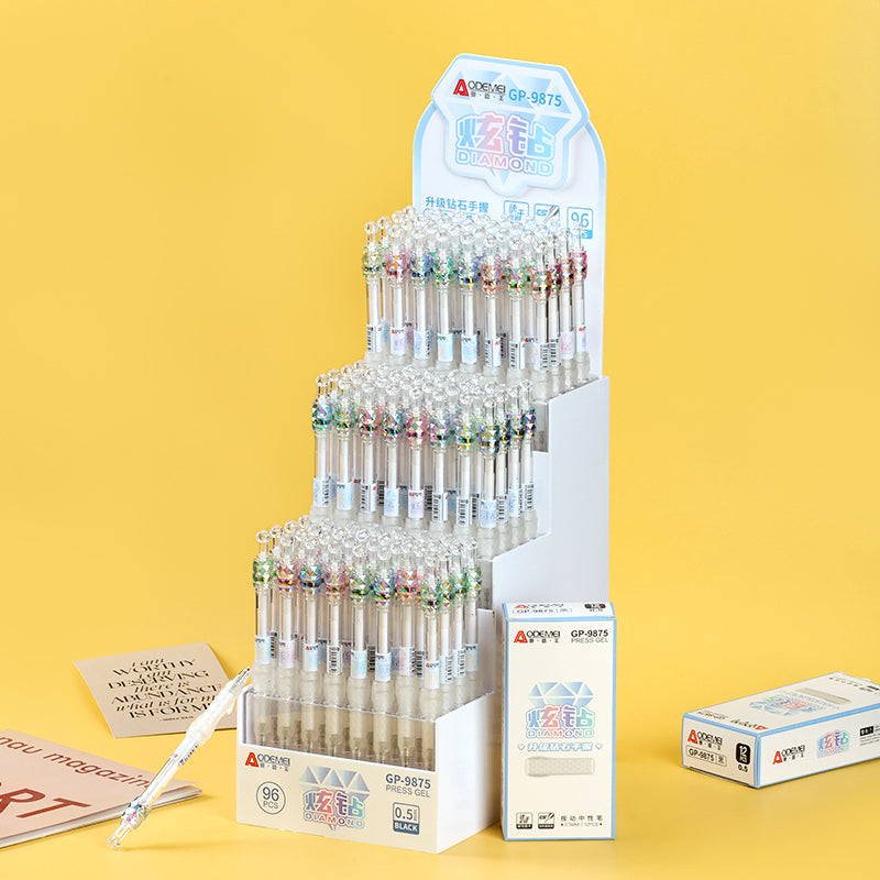 Gorgeous Aode Mei 9875 Dazzling Diamond - themed Gel Pens on Display Stand! These pens, adorned with dazzling diamond - like elements, are attractively presented on the stand. M.82