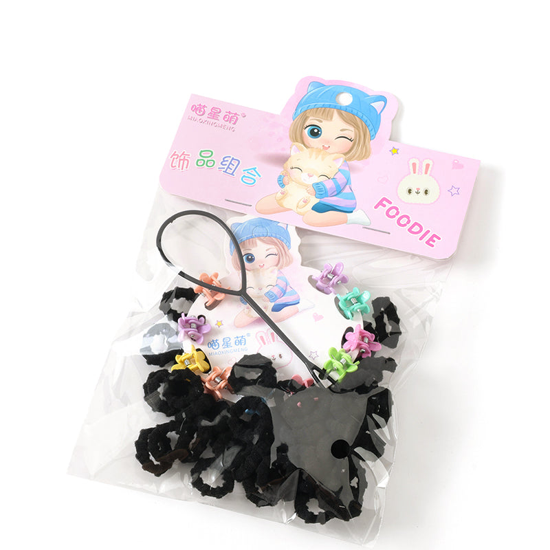 M42 Coleteros de tela de rizo negros + minipinzas + bolsitas para hacer moños (50 unidades)