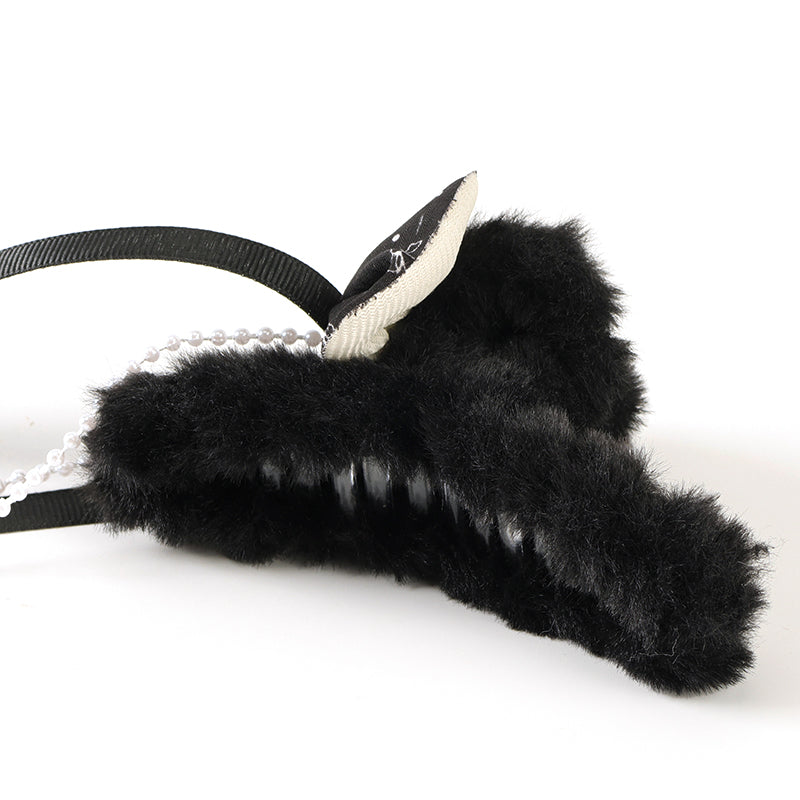 M42 4.33 Inch Large Hair Claw with Plush Pearl Ruffle Bowtie Design