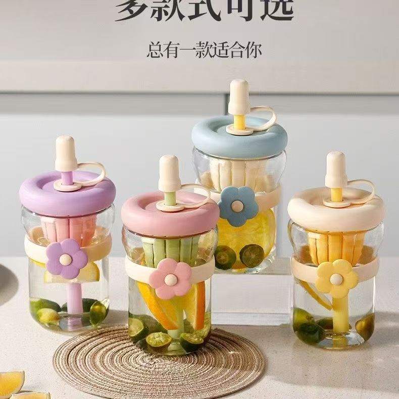 QAMIG Flower-patterned Glass Cup with Straw (500ml) M.17