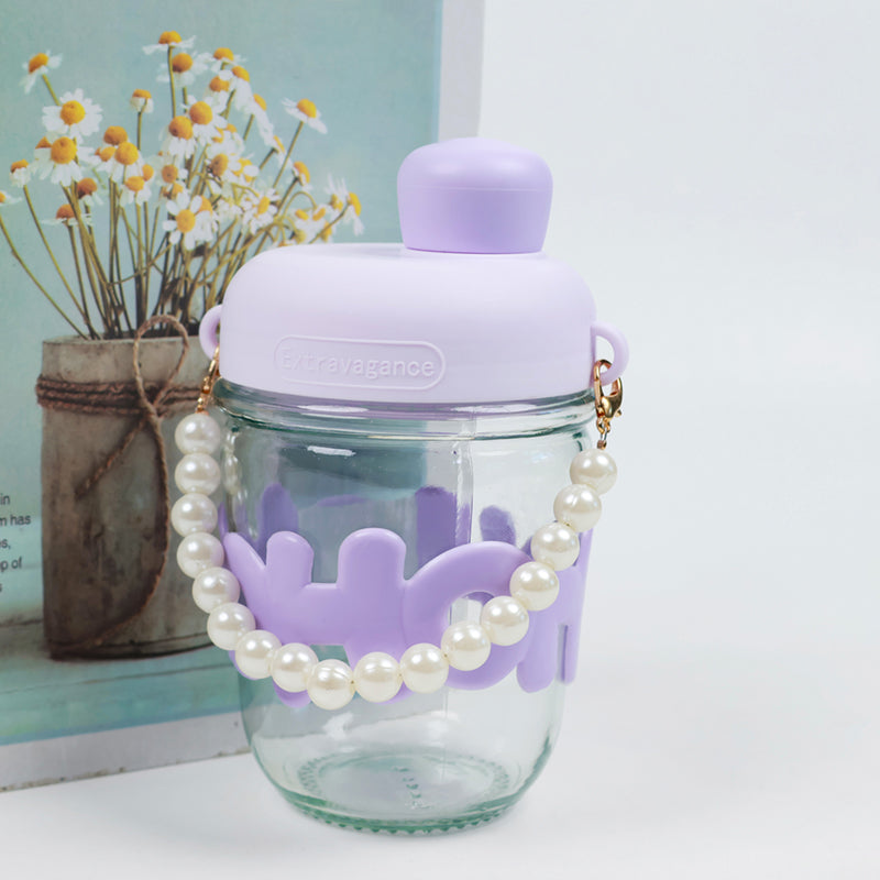 Pearl - Embellished Straw Glass Tumbler for Direct Drinking with Lid (420ml) M.17