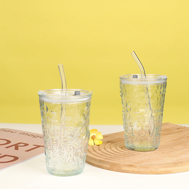 521 Heart Gesture Glass Cup with Straw and Lid (480ml) M.17