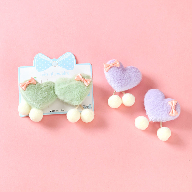 M42 Boxed Heart-Shaped Furry Pom-Pom Hair Clips for Kids