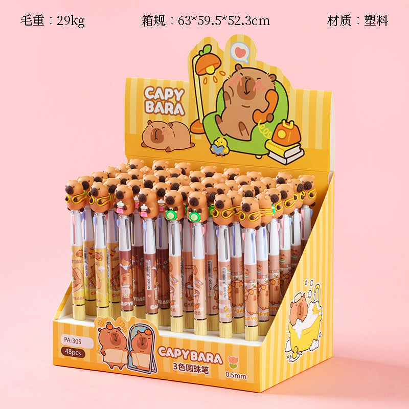 Bolígrafo Capybara de 3 colores, 0,5 mm, negro, azul y rojo, con clip para estudiantes, M.82