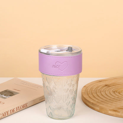 Glass Drinking Cup with Straw and Heart - shaped Leather Sleeve (500ml) M.17