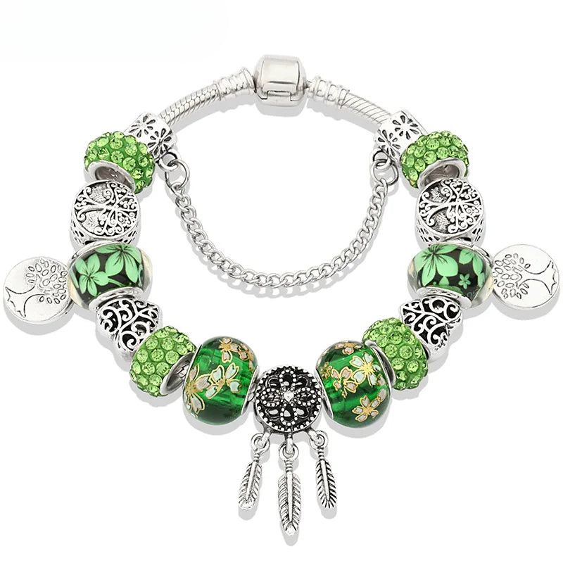Retro Silver Tree of Life Charm Bracelet Green Crystal Flower Bead  DIY Jewelry 1102936551-B924