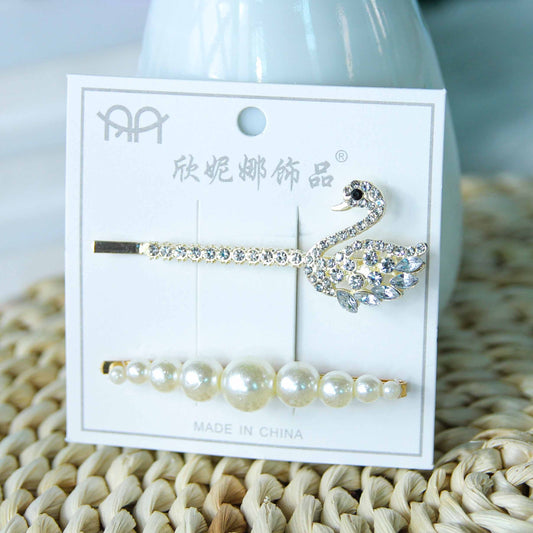 M42 Pearl and Rhinestone-studded Swan-shaped Bobby Pin Set