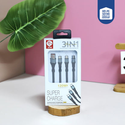 K - 32 3in1 Fast Charging Cable 5A Nylon Braided for iOS Android Type - C Devices A.12 JPDB