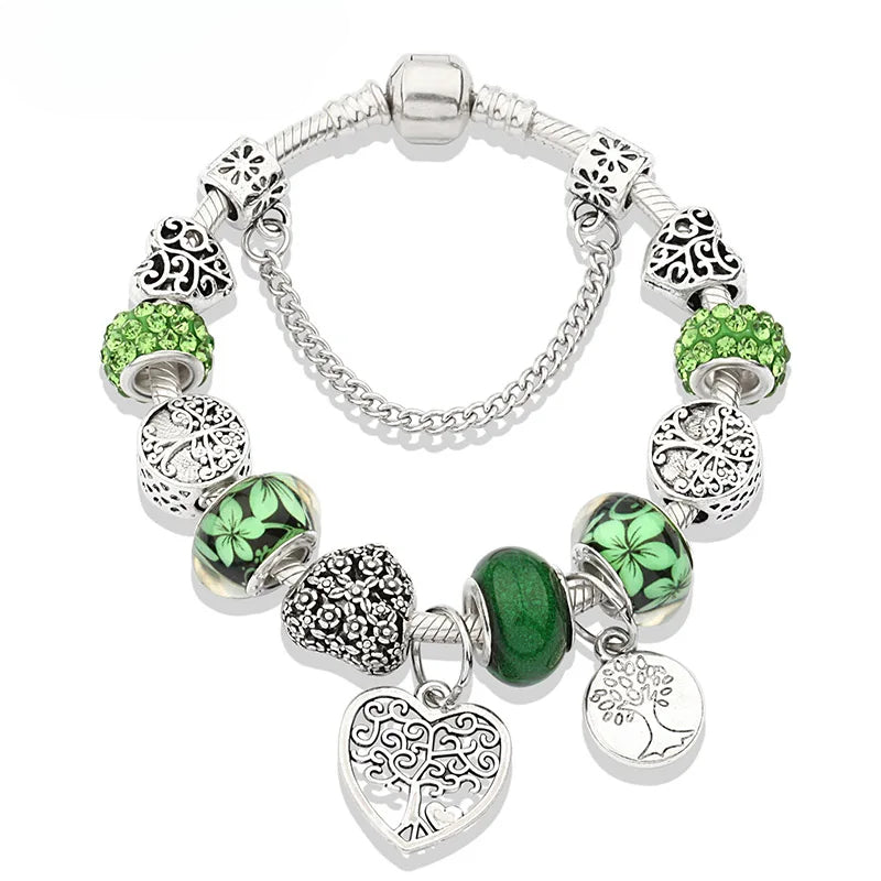 Retro Silver Owl Charm Bracelet Green Crystal Flower Bead  DIY Jewelry 1102936551-B826