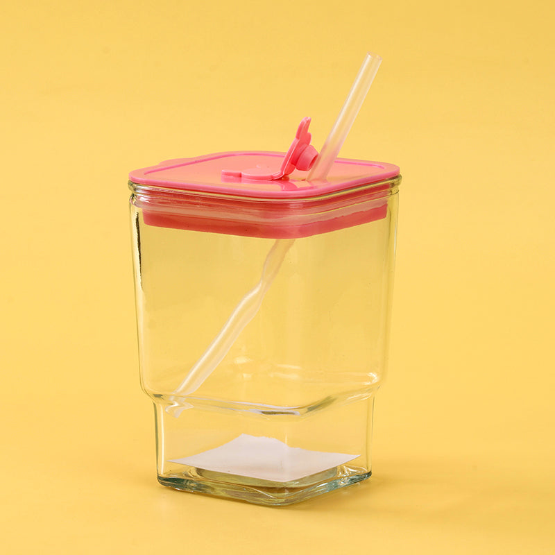 Feifan Square Fruit & Vegetable - themed Glass Cup with Straw and Lid (420ML) M.17