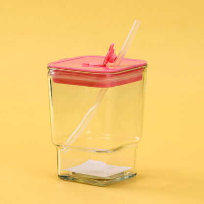 Feifan Square Fruit & Vegetable - themed Glass Cup with Straw and Lid (420ML) M.17