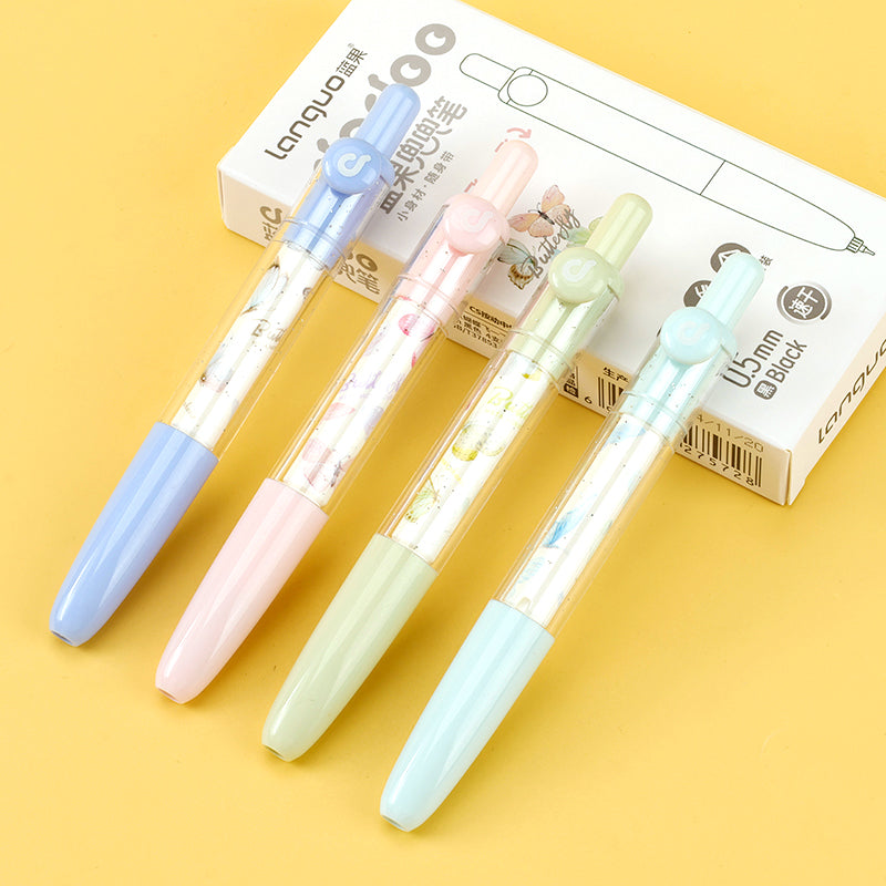 Preciosos bolígrafos de gel giratorios Languo D5004 - JZ Butterfly con mecanismo de clic, ¡en expositor! Su diseño giratorio con motivos de mariposa los hace llamativos y perfectos para exhibir. M.82