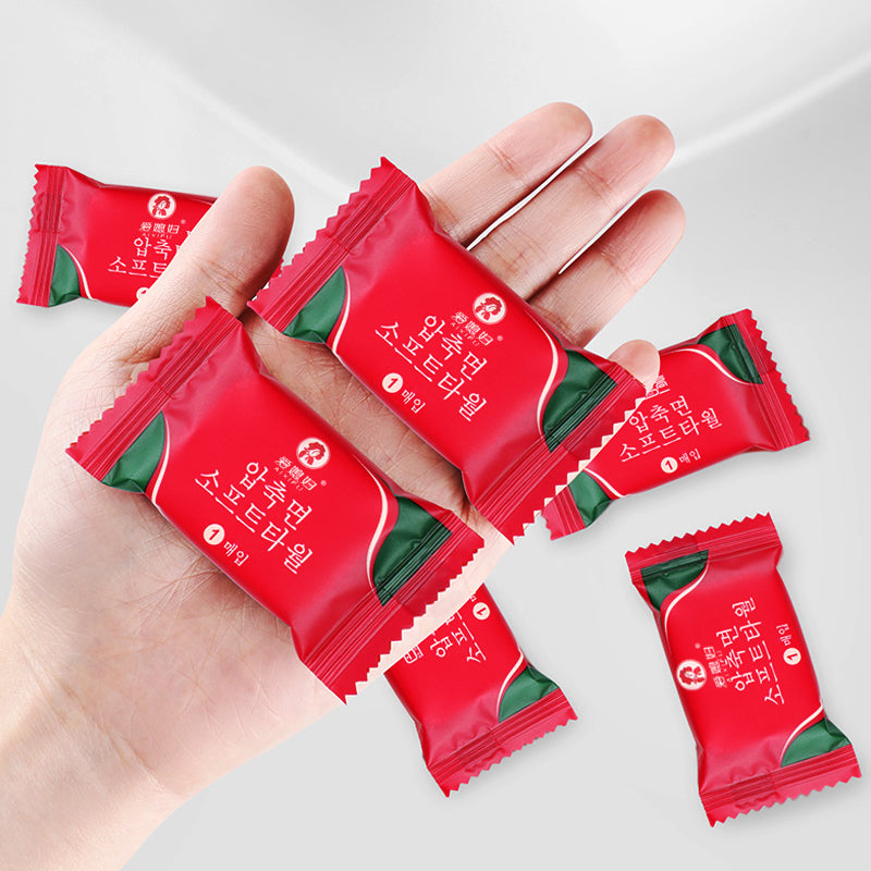 Five disposable compressed towels in a bag M.27