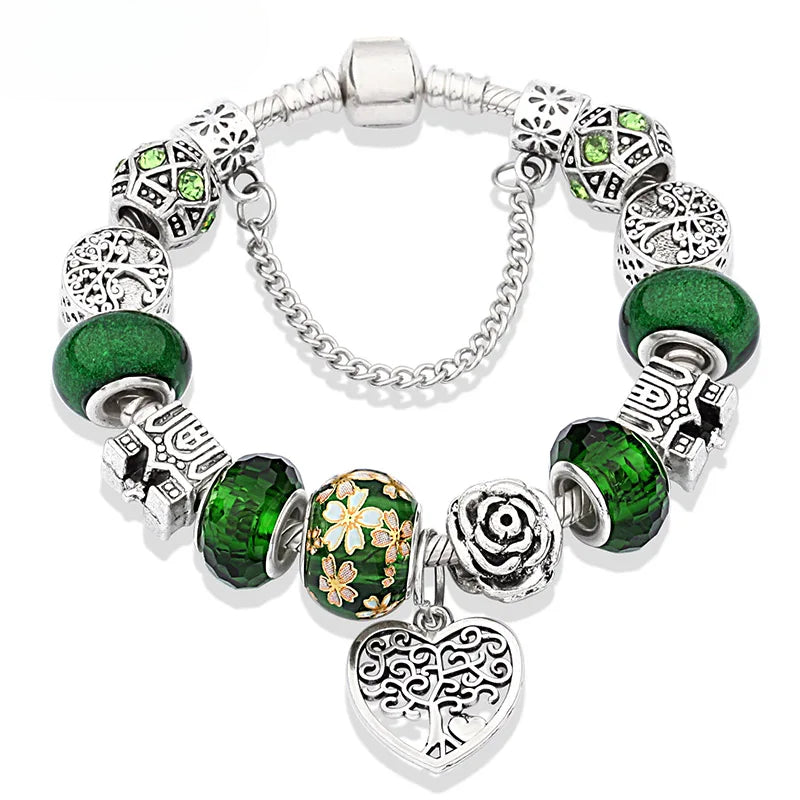 Retro Silver Tree of Life Charm Bracelet Green Crystal Flower Bead  DIY Jewelry 1102936551-B946