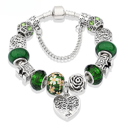 Retro Silver Tree of Life Charm Bracelet Green Crystal Flower Bead  DIY Jewelry 1102936551-B946