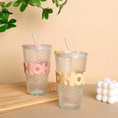 Alphabet Diamond-Cut Glass Cup with Handle Straw & Lid (480ml) M.17