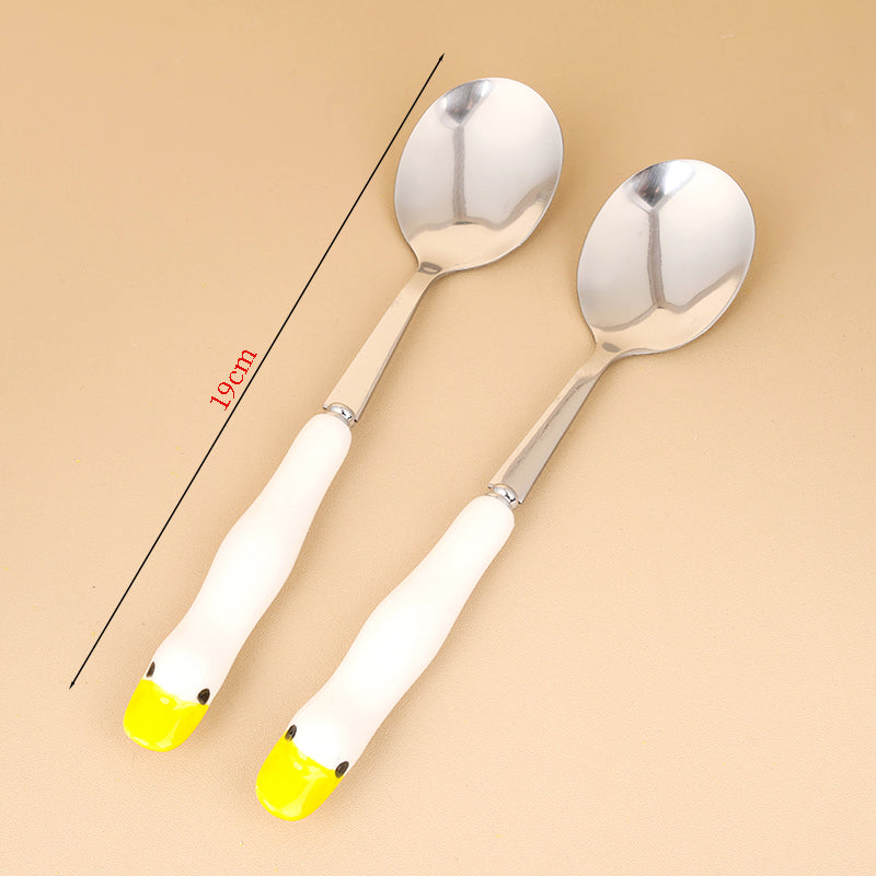 HSA-2 Little White Duck Pattern Ceramic Handle No.2 Round Spoon M.66