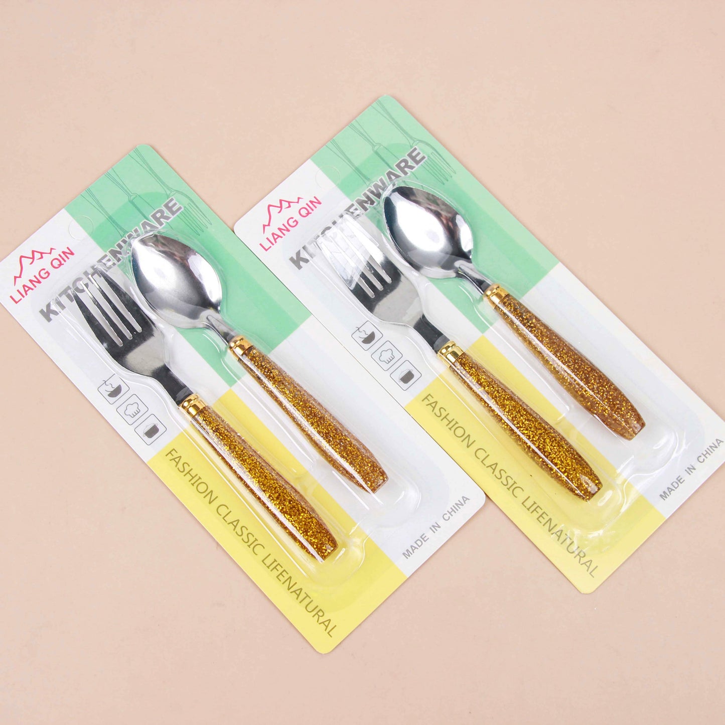 8082 Gold Glitter Baby Feeding Spoon & Fork Set M.66