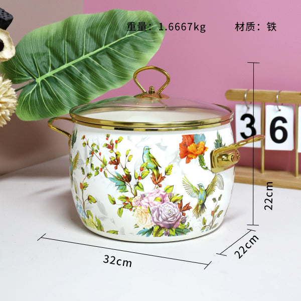 Enamel Pot Model 2202 (22cm) - Gold Rimmed "Orioles Singing & Swallows Dancing" Design M.65 JPDB