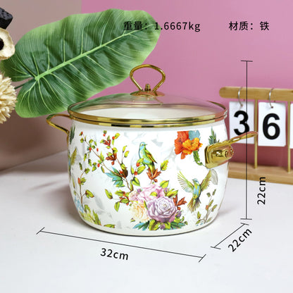 Enamel Pot Model 2202 (22cm) - Gold Rimmed "Orioles Singing & Swallows Dancing" Design M.65 JPDB