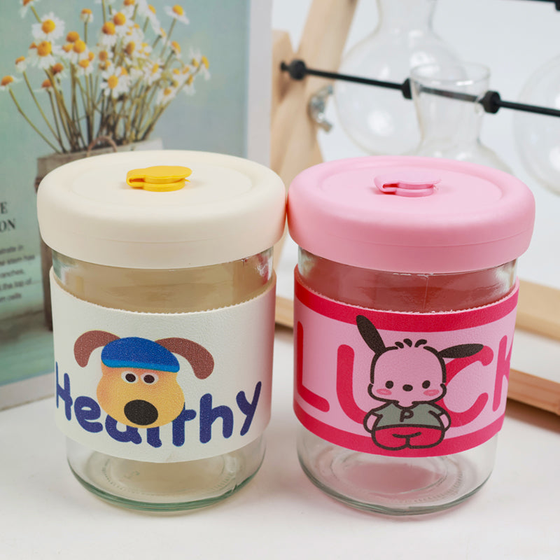 Glass Cup with Straw and Luck - themed Leather Case (400ml) M.17