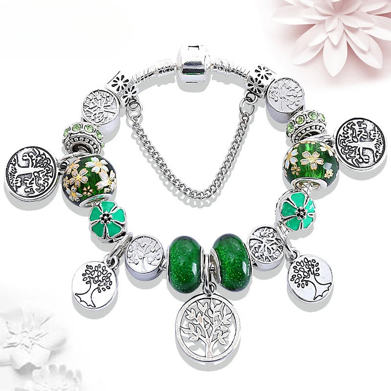 Retro Silver Tree of Life Charm Bracelet Green Crystal Flower Bead  DIY Jewelry 1102936551-B828