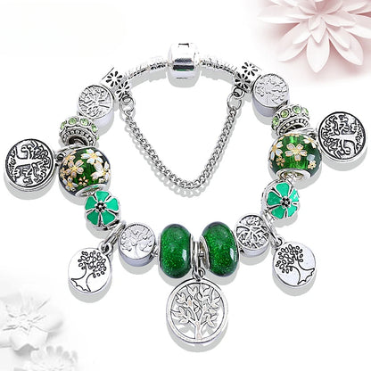 Retro Silver Tree of Life Charm Bracelet Green Crystal Flower Bead  DIY Jewelry 1102936551-B828