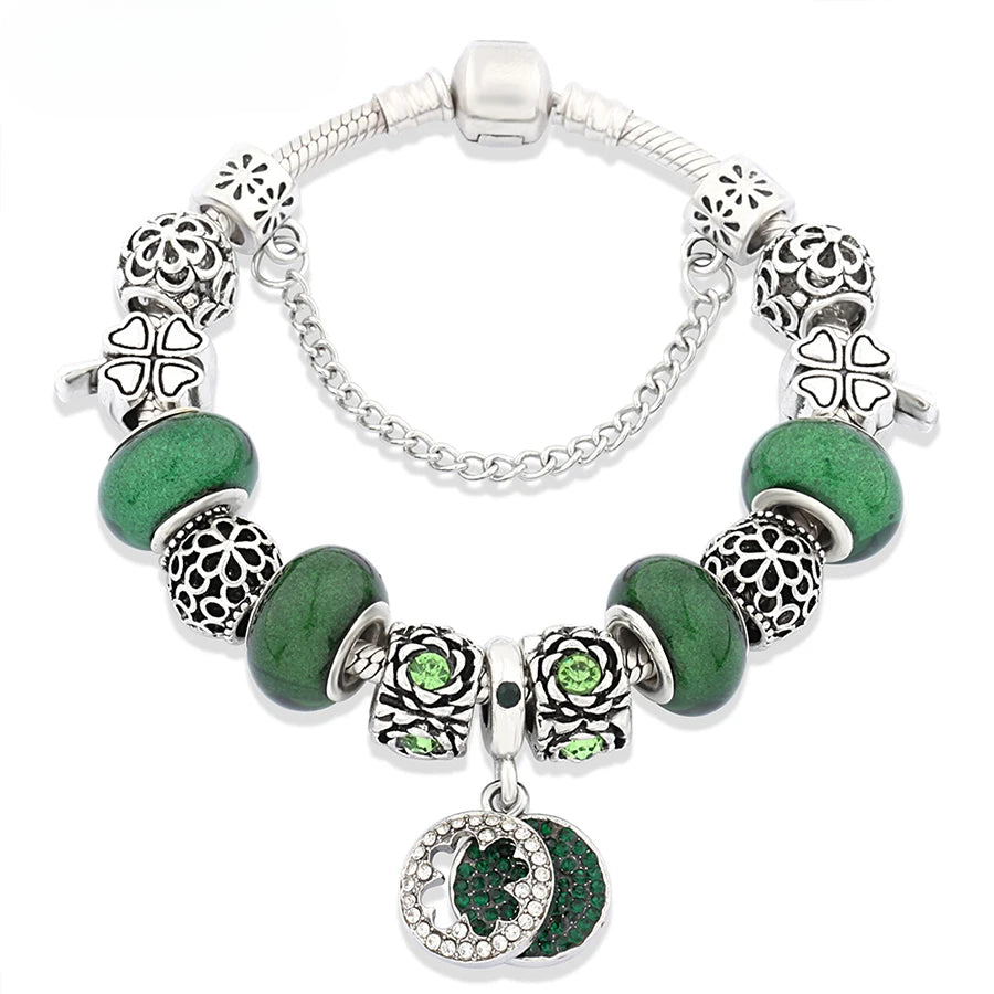 Retro Silver Tree of Life Charm Bracelet Green Crystal Flower Bead  DIY Jewelry 1102936551-B872