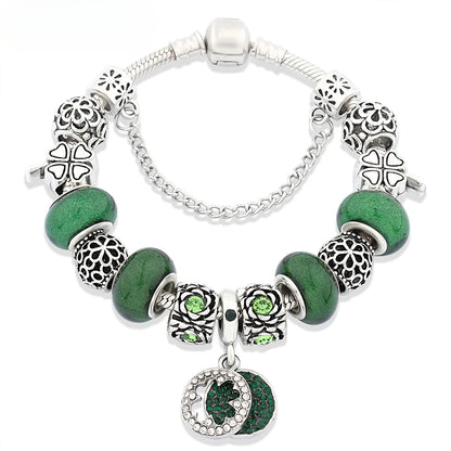 Retro Silver Tree of Life Charm Bracelet Green Crystal Flower Bead  DIY Jewelry 1102936551-B872