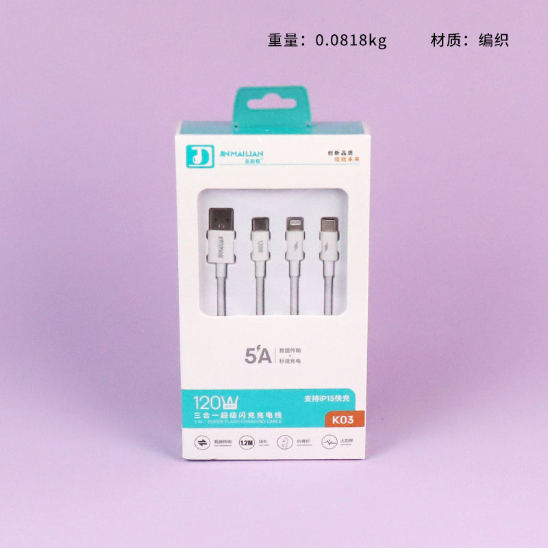K03 Flash Charging 3-in-1 Data Cable 1.2M - Universal for iPhone/Android/Type-C A.12 JPDB