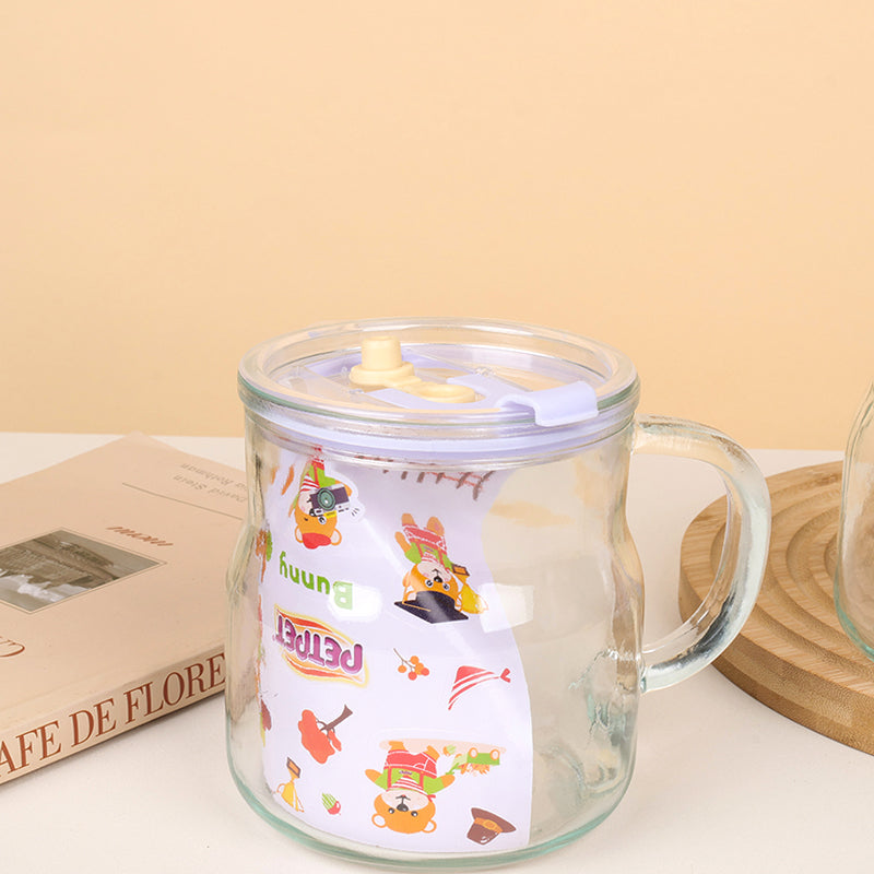 No.024 Cartoon - themed Chubby Glass Mug with Handle Straw and Lid (550ml) M.17