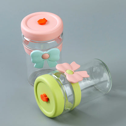 Quanming Bowknot-patterned Glass Cup with Straw (450ml) M.17