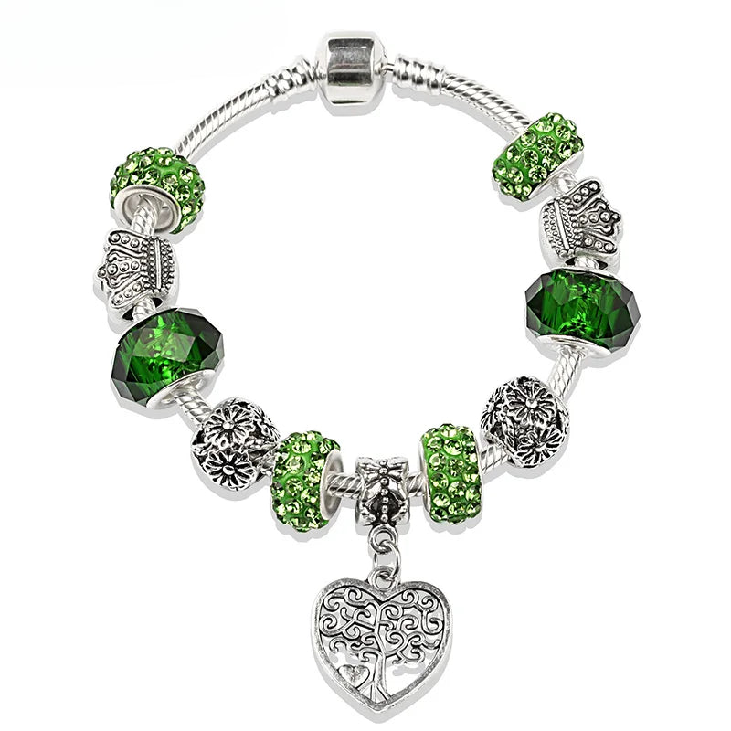 Retro Silver Tree of Life Charm Bracelet Green Crystal Flower Bead  DIY Jewelry 1102936551-B
