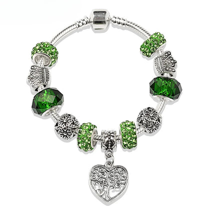 Retro Silver Tree of Life Charm Bracelet Green Crystal Flower Bead  DIY Jewelry 1102936551-B