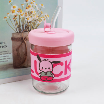 Glass Cup with Straw and Luck - themed Leather Case (400ml) M.17