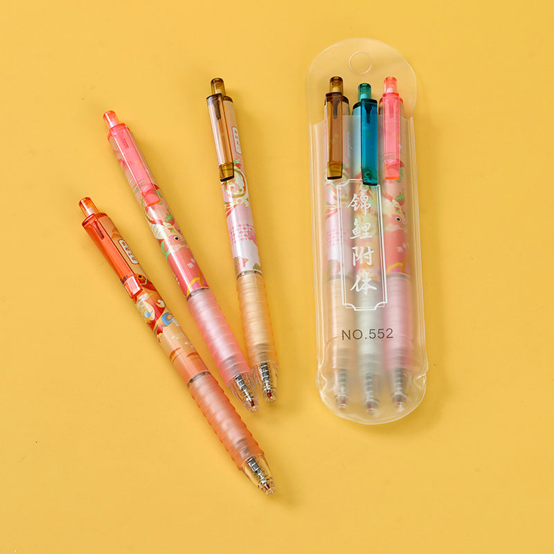 Ivanster 078 "Koi Blessing" Set of 3 Problem - Solving Gel Pens (Insert Box). The pens are named "Koi Blessing", packed in an insert box, perfect for intense study. M.82