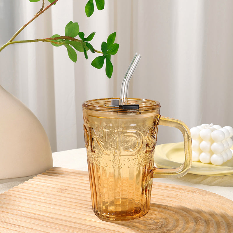 Transparent Glass Cup with Letter Design and Handle, with Straw and Lid (480ml) M.17