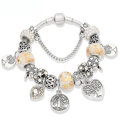 Retro Silver Tree of Life Charm Bracelet Green Crystal Flower Bead  DIY Jewelry 1102936551-B946
