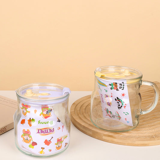 No.024 Cartoon - themed Chubby Glass Mug with Handle Straw and Lid (550ml) M.17