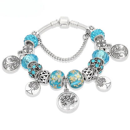 Retro Silver Tree of Life Charm Bracelet Green Crystal Flower Bead  DIY Jewelry 1102936551-B