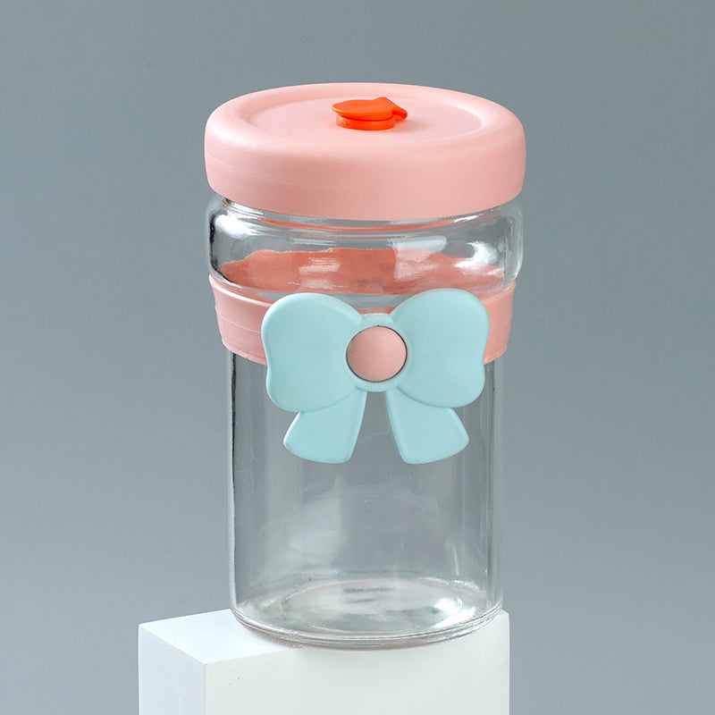 Quanming Bowknot-patterned Glass Cup with Straw (450ml) M.17