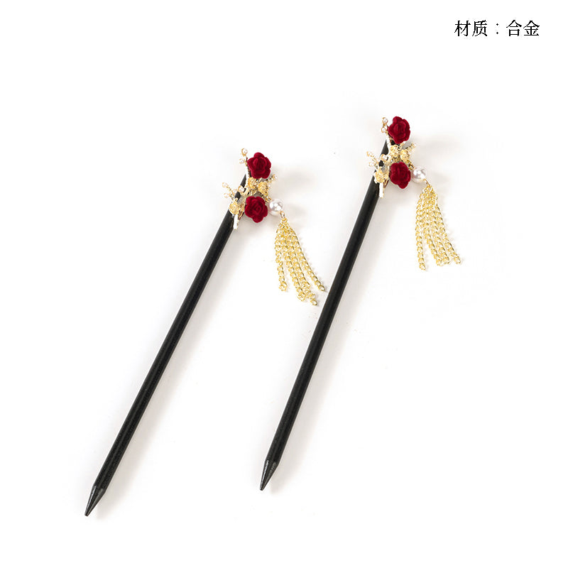 M42 Wooden Hair Pin with Flocked Rose & Tassel Details
