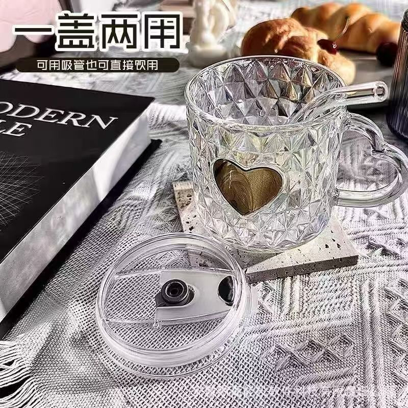 Feifan Heart Pattern Glass Cup with Handle (with Straw and Lid 420ml) M.17